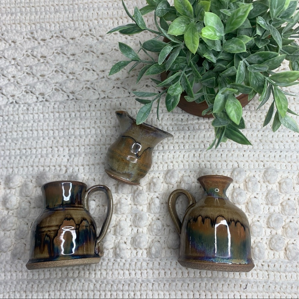 VINTAGE HAND MADE POTTERY Set of 3 Mini Vases Southwestern Signed Glazed Neutral